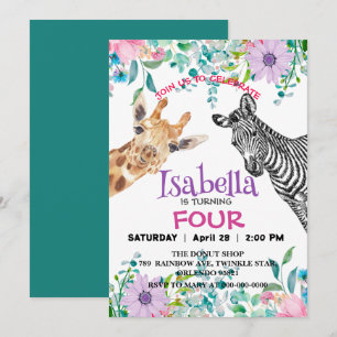 Cute Giraffe Zebra jungle Animals Birthday Flower Invitation