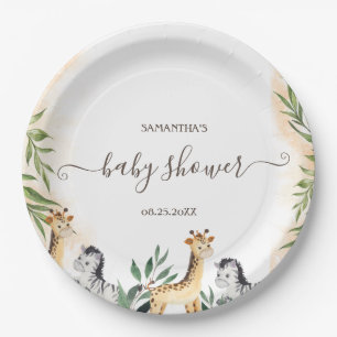 Cute Giraffe,Zebra Leaves Baby Shower Paper Plate