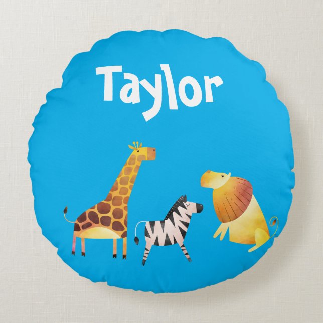Cute Giraffe Zebra Lion Blue background Round Pillow (Front)