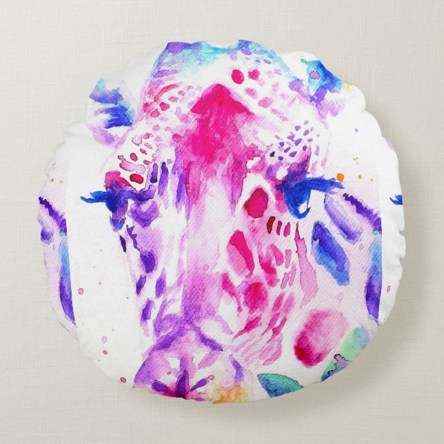 Cute Giraffe Zoo Animal Pattern Watercolor Round Pillow (Front)