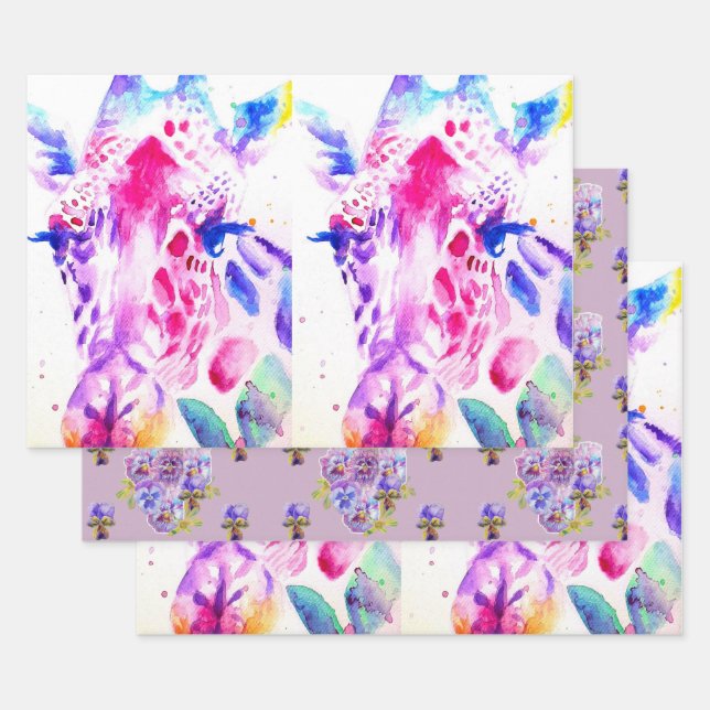 Cute Giraffe Zoo Animal Pattern Watercolor Wrapping Paper Sheet (Set)