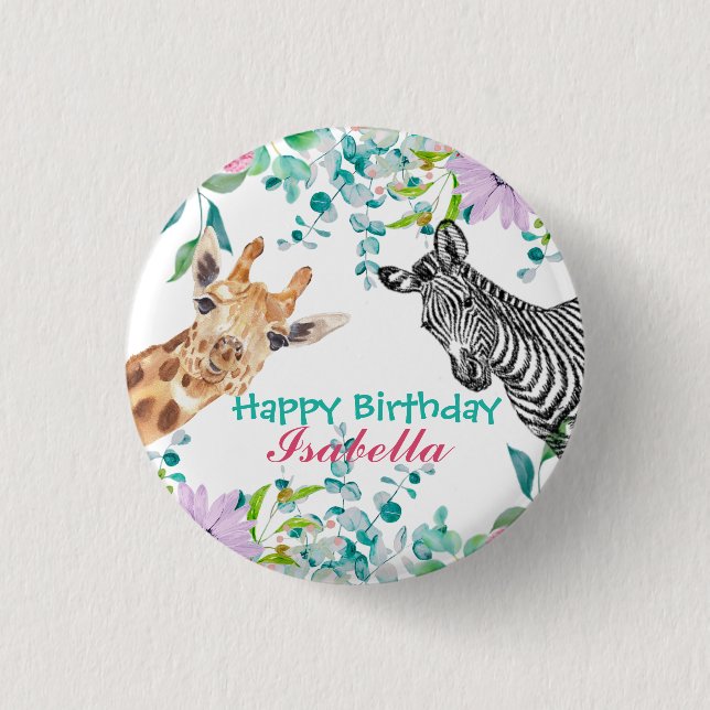 cute Giraffe zoo animals jungle Floral Birthday 1 Inch Round Button (Front)