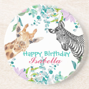 cute Giraffe zoo animals jungle Floral Birthday Coaster
