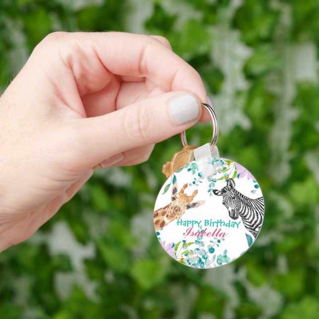 cute Giraffe zoo animals jungle Floral Birthday Keychain (Hand)