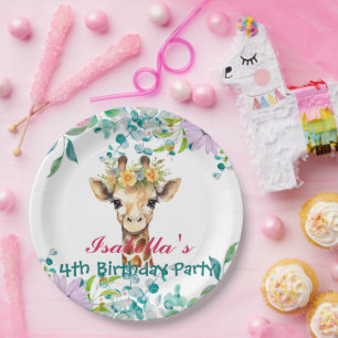cute Giraffe zoo animals jungle Floral Birthday Paper Plate