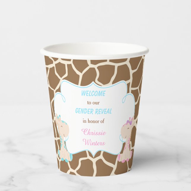 Cute Giraffes Gender Reveal Paper Cups (Front)