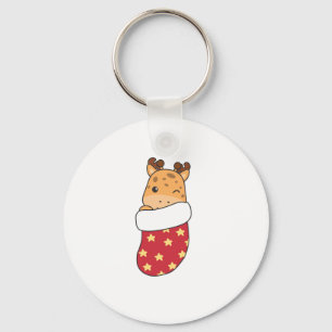 Cute Giraffes In Christmas Sock For Christmas Gira Keychain