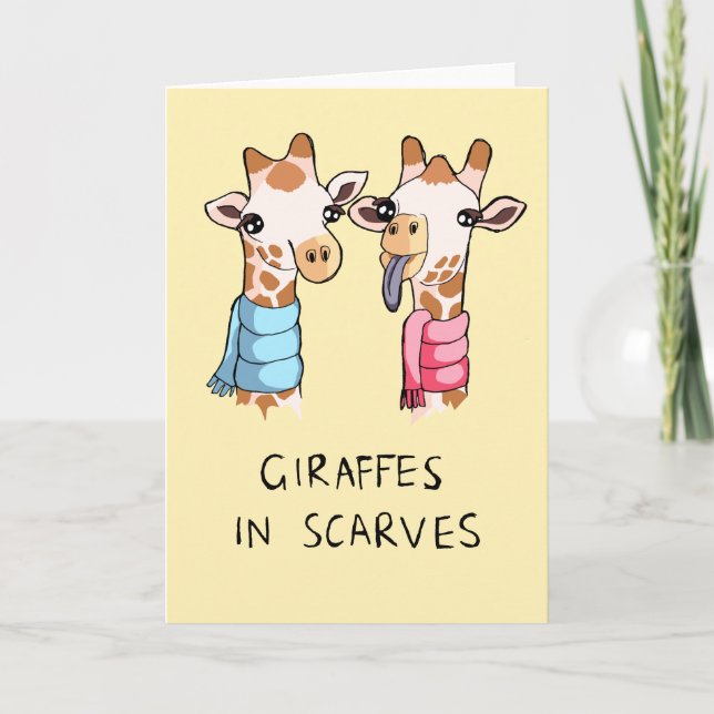 Cute Giraffes in Scarves Drawing Greeting Card (Front)
