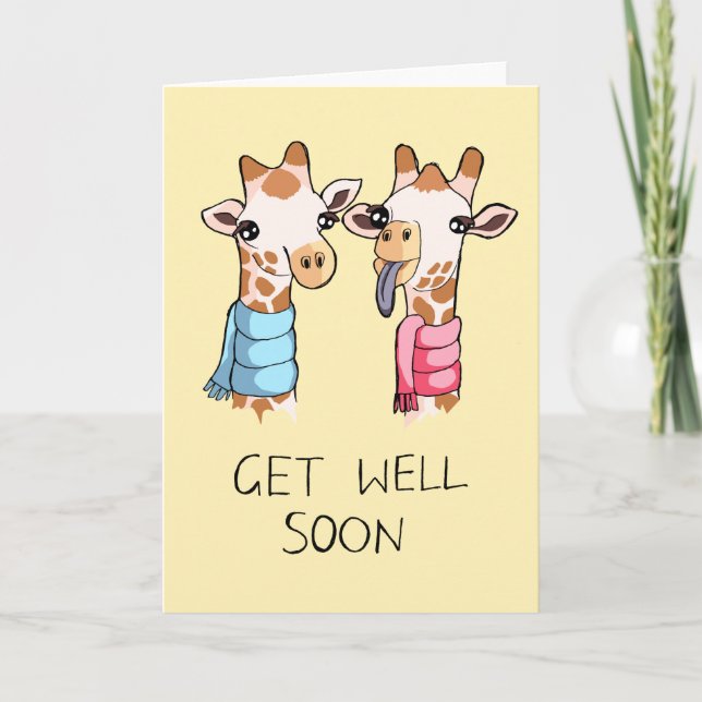 Cute Giraffes Scarves Drawing Get Well Soon Card (Front)