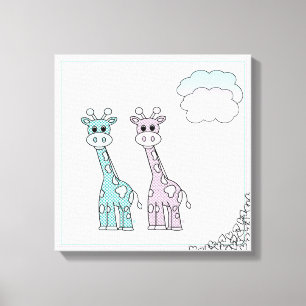 Cute Giraffes with Hearts and Clouds Canvas Print