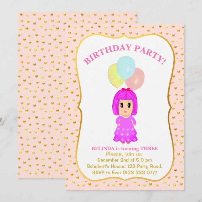 Cute Girl 3e anniversaire Invitation (Devant / Derrière)