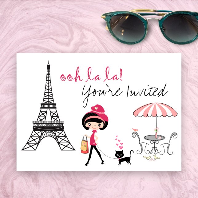 Cute Girl and Black Cat Paris Invitation d'anniver (Créateur téléchargé)