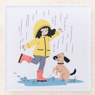 Cute Girl and Dog Dancing in the Rain Illustration Glass Coaster
