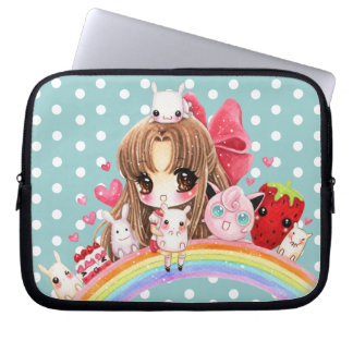 Cute girl and kawaii animals sitting on rainbow laptop sleeve