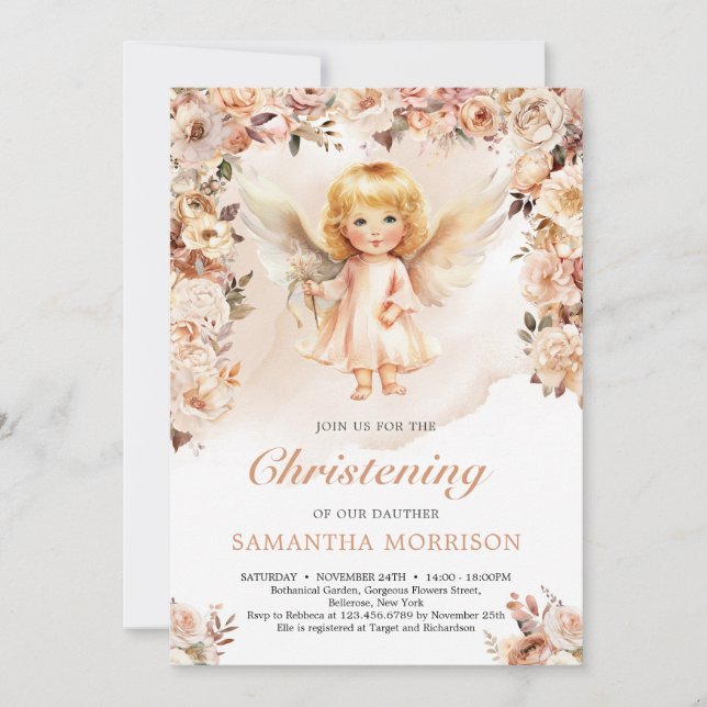 Cute girl angel and blush and ivory flowers invitation (Front)