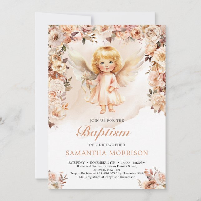 Cute girl angel and blush and ivory flowers invitation (Front)