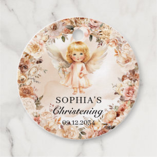 Cute girl angel blush and ivory flowers Baptism Favour Tags