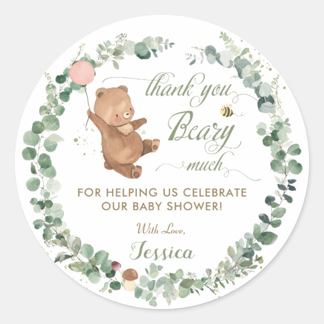 Cute Girl Baby Bear Bee Greenery Thank You Favour Classic Round Sticker (Front)