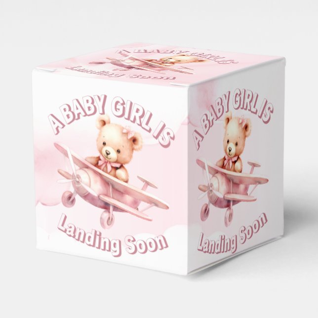 Cute Girl Baby Bear Pilot Pink Airplane Beautiful Favor Box (Front Side)