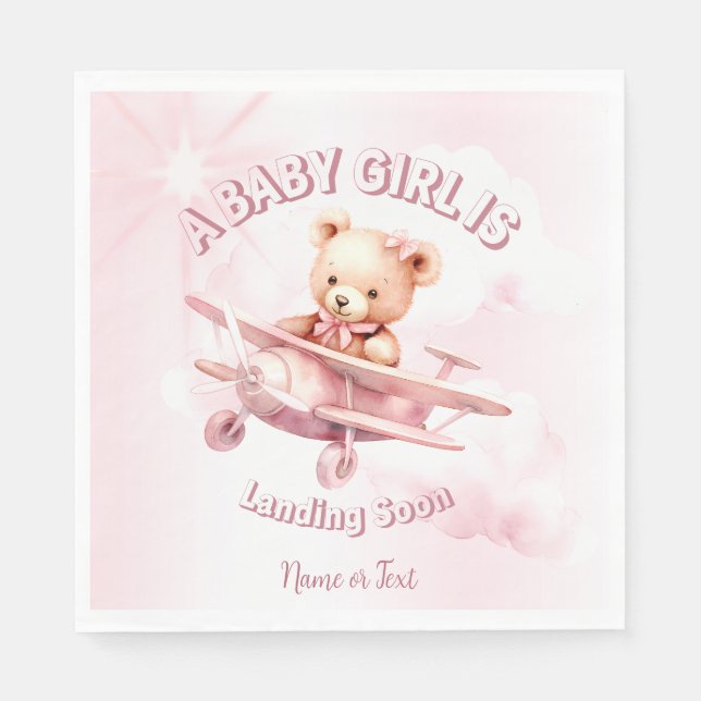 Cute Girl Baby Bear Pilot Pink Airplane Beautiful Napkin (Front)
