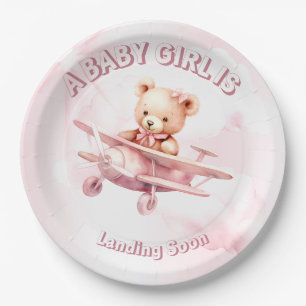 Cute Girl Baby Bear Pilot Pink Airplane Beautiful Paper Plate