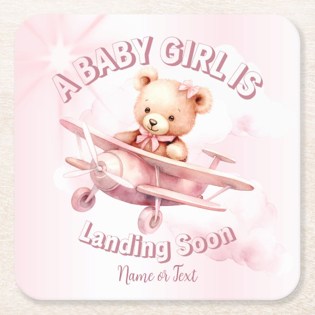 Cute Girl Baby Bear Pilot Pink Airplane Beautiful Square Paper Coaster (Front)