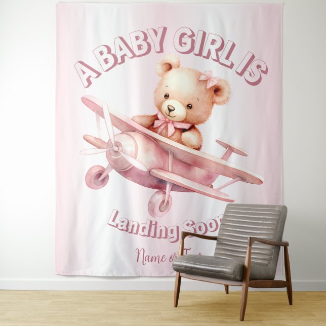 Cute Girl Baby Bear Pilot Pink Airplane Beautiful Tapestry (In Situ)