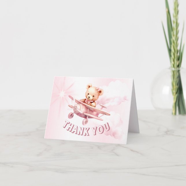 Cute Girl Baby Bear Pilot Pink Airplane Beautiful Thank You Card (Front)