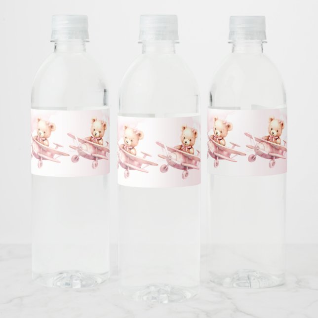 Cute Girl Baby Bear Pilot Pink Airplane Beautiful Water Bottle Label (Bottles)