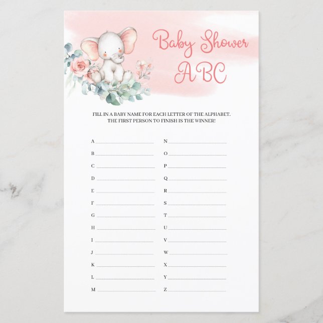 Cute Girl Baby Elephant Eucalyptus Baby Shower ABC (Front)