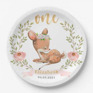 Cute Girl Baby Fawn 1st Birthday Party Paper Plate