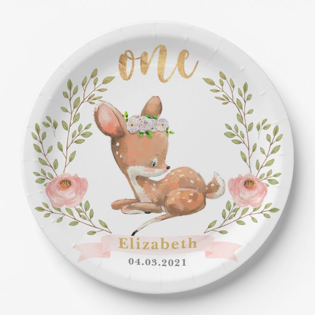 Cute Girl Baby Fawn 1st Birthday Party Paper Plate (Front)