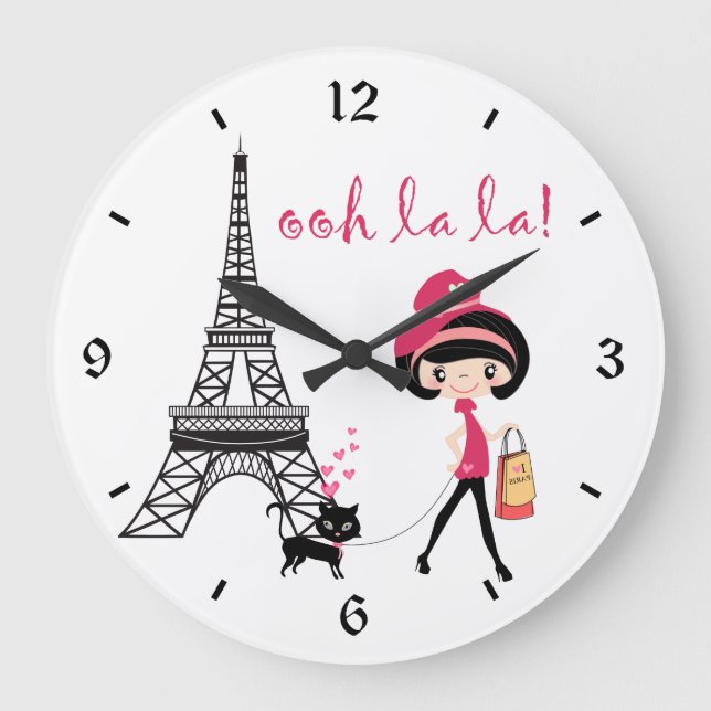 Cute Girl, Black Cat with Eiffel Tower Paris Large Clock (Front)