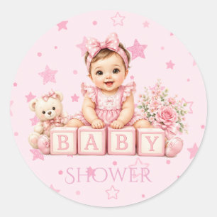Cute Girl Block Baby Shower Classic Round Sticker