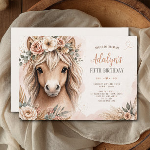 Cute Girl Boho Horse Fifth Birthday Invitation