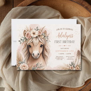 Cute Girl Boho Horse First Birthday Invitation