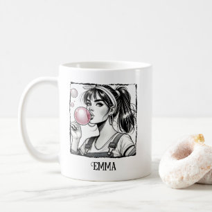 Cute Girl & Bubble,Comic Black & White,Fun Custom Coffee Mug