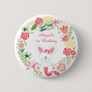 Cute Girl Bunny and Flower Wreath 1st Birthday 2 Inch Round Button