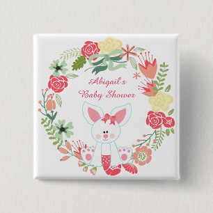Cute Girl Bunny and Flower Wreath Baby Shower 2 Inch Square Button
