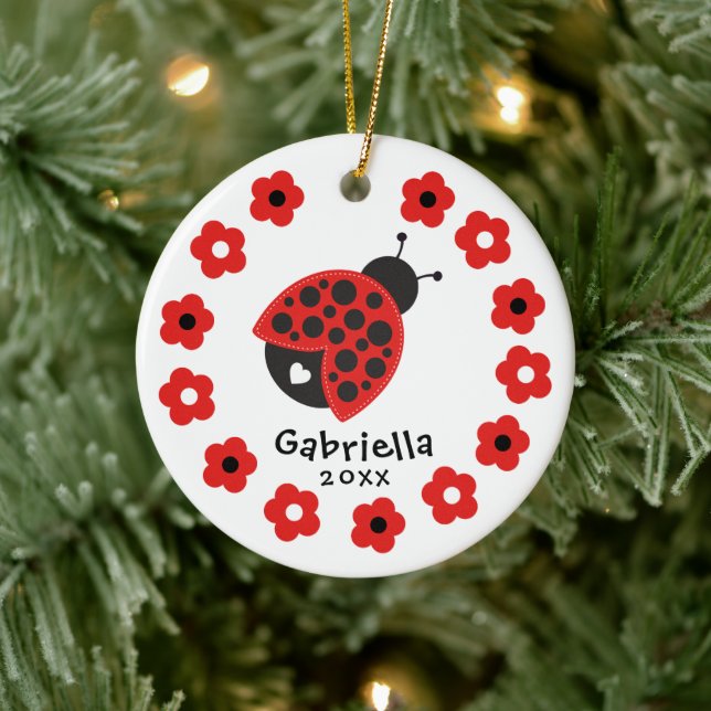 Cute Girl Christmas Ladybug Ceramic Ornament (Tree)