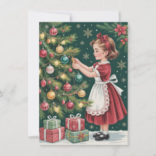 Cute Girl Decorating Tree Vintage Christmas Holiday Card