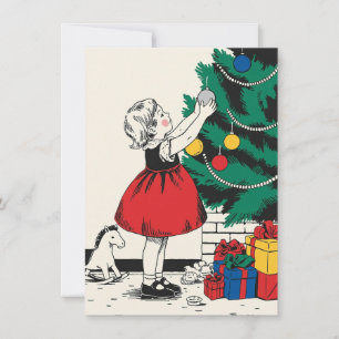 Cute Girl Decorating Tree Vintage Christmas Holiday Card