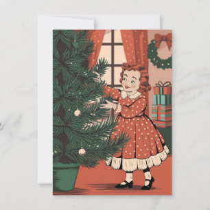 Cute Girl Decorating Tree Vintage Christmas Holiday Card