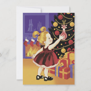 Cute Girl Decorating Tree Vintage Christmas        Holiday Card