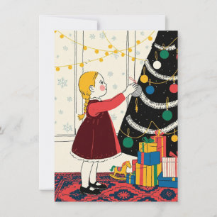 Cute Girl Decorating Tree Vintage Christmas Holiday Card
