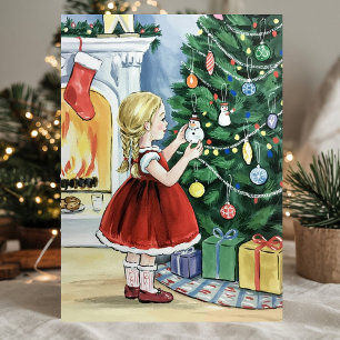 Cute Girl Decorating Tree Vintage Christmas Holiday Card