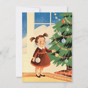 Cute Girl Decorating Tree Vintage Christmas Holiday Card
