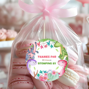 Cute Girl Dinosaur 1st Birthday Party Thank you Classic Round Sticker