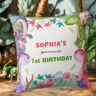 Cute Girl Dinosaur 1st Birthday Party Throw Pillow