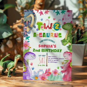 Cute Girl Dinosaur 2nd Birthday Invitation